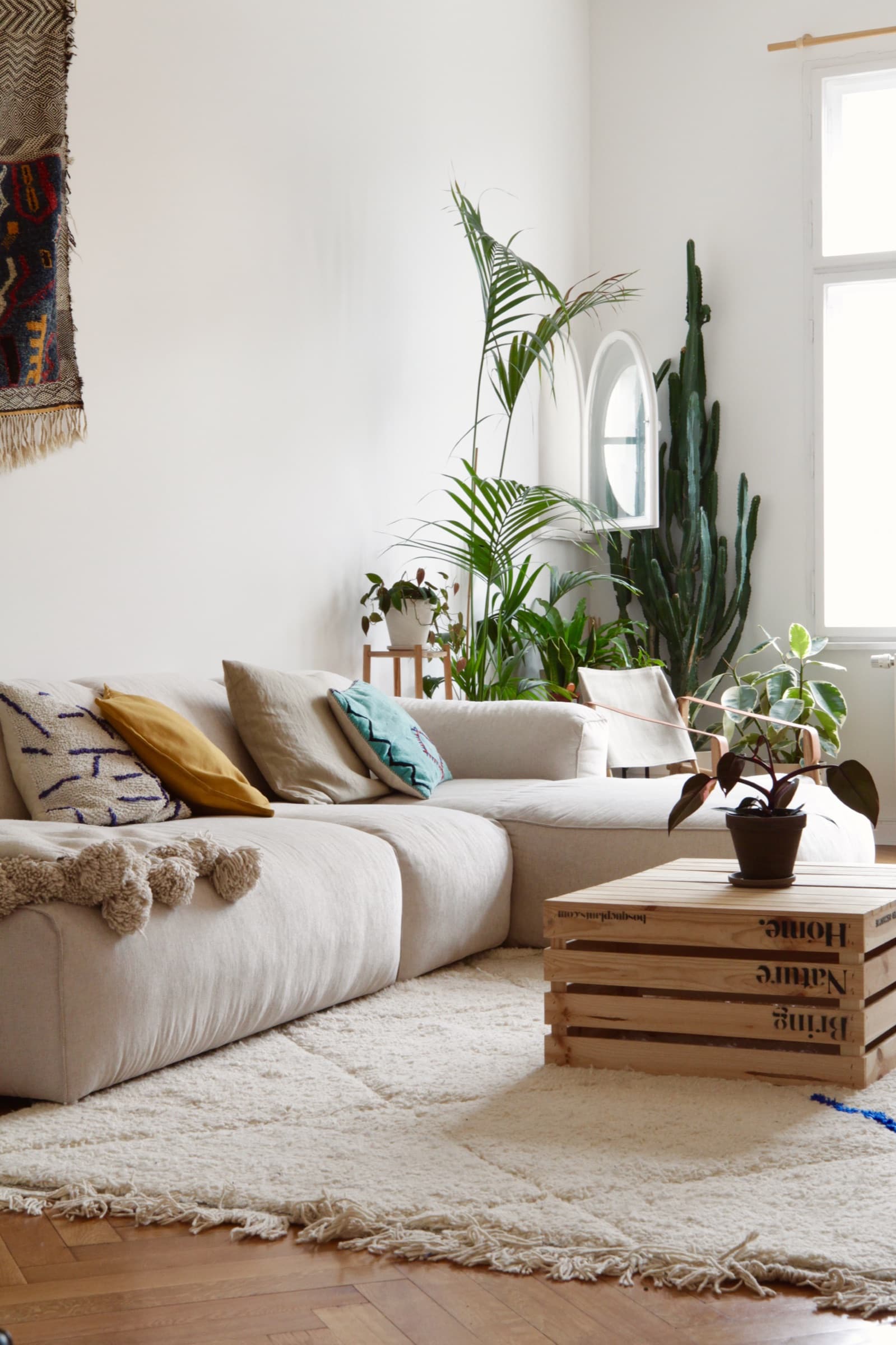 Sofa-Detail mit Kissen in Senfgelb und Petrol vor Zimmerpflanzen